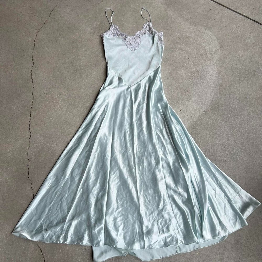 Vintage I. Magnin Silky French Cinderella Slip Maxi Dress White Blue Size S